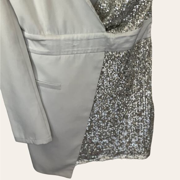 Elle Zeitoune Alexa Silver Sequined Long Sleeve Asymmetrical Mini Dress Size M - Picture 8 of 11